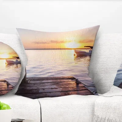 Design Art Boat View From Boardwalk On Beach - Pier & Bridge Printed Throw Pillow In Orange