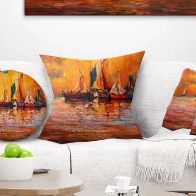 Design Art Boats And Ocean In Red - Sea & Shore Printed Pillow