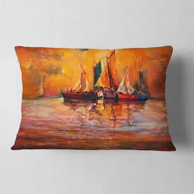 Design Art Boats And Ocean In Red - Sea & Shore Printed Throw Pillow