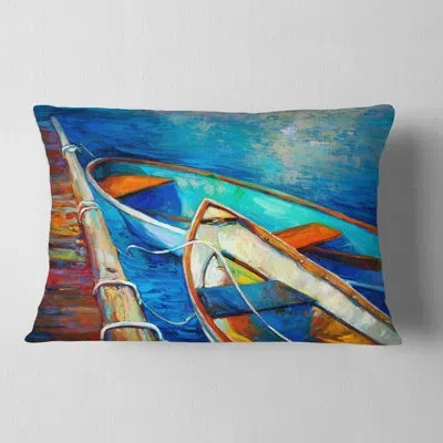 Design Art Boats And Pier In Blue Shade - Sea & Shore Printed Throw Pillow