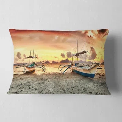 Design Art Boats At Sunset - Beaches Printed Pillow In Yellow