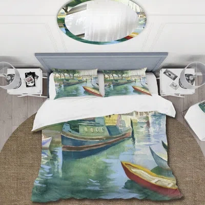 Design Art Boats In Green Spring - Traditional Duvet Cover Set - Microfiber Polyester In Green,blue