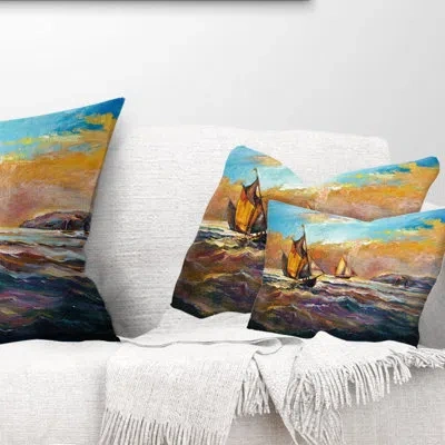 Design Art Boats In Roaring Sea - Sea & Shore Printed Throw Pillow