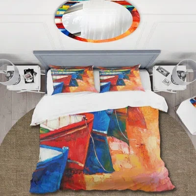 Design Art Boats In The Harbor During Warm Color Sunset Ii - Nautical Duvet Cover Set - Microfiber Polyester In Red,orange