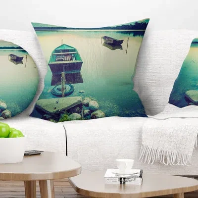 Design Art Boats In Vintage Style Lake - Boats Printed Pillow In Blue;black;brown;green;red;yellow