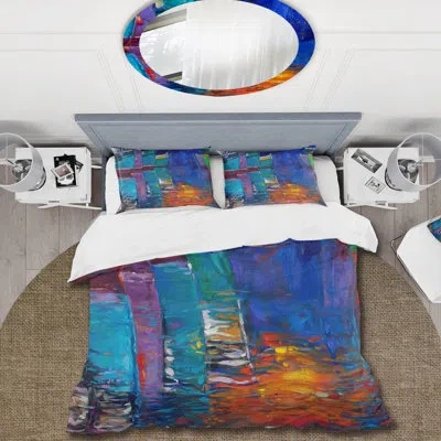 Design Art Boats Resting On The Water During Warm Sunset I - Nautical Duvet Cover Set - Microfiber Polyester In Blue