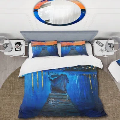 Design Art Boats Resting On The Water During Warm Sunset Iii - Nautical Duvet Cover Set - Microfiber Polyester In Blue