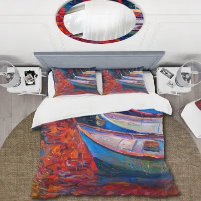 Design Art Boats Resting On The Water During Warm Sunset Ix - Nautical Duvet Cover Set - Microfiber Polyester In Red,blue,green