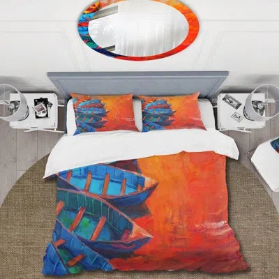 Design Art Boats Resting On The Water During Warm Sunset V - Nautical Duvet Cover Set - Microfiber Polyester In Red,blue