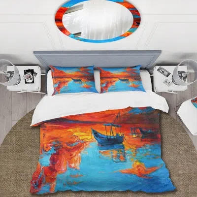 Design Art Boats Resting On The Water During Warm Sunset Vi - Nautical Duvet Cover Set - Microfiber Polyester In Blue,orange