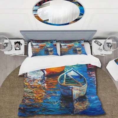 Design Art Boats Resting On The Water During Warm Sunset X - Nautical Duvet Cover Set - Microfiber Polyester In Blue,orange