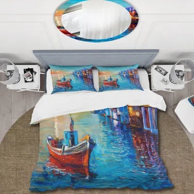 Design Art Boats Resting On The Water Near Coastal Town I - Nautical Duvet Cover Set - Microfiber Polyester In Blue,red,orange