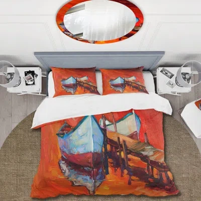 Design Art Boats Resting On The Water Near Coastal Town Iv - Nautical Duvet Cover Set - Microfiber Polyester In Orange,brown