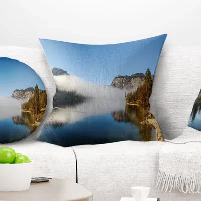 Design Art Bohinj Lake Panorama - Sea & Shore Printed Pillow In Blue