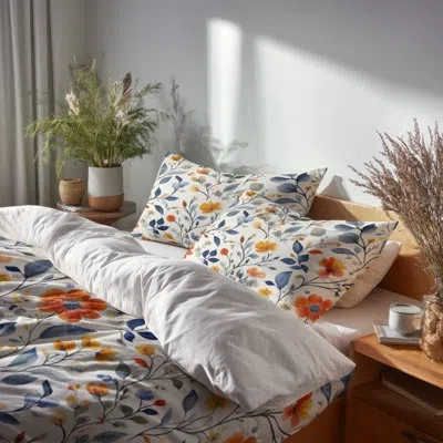 Design Art Boho 5 Pcs Bedding Set - Blue Colorful Summer Paisley Gardens Duvet Cover And Throw Pillow Set In Blue;orange