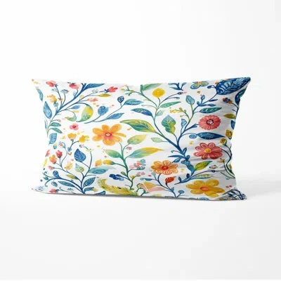 Design Art Boho Accent Pillow - Blue Colorful Summer Paisley Gardens Printed Cushion For Living Room In Blue;yellow