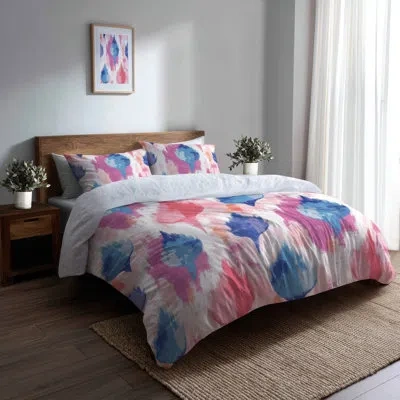 Design Art Boho Bedding Set 3 Pcs - Blue Pastel Ikat Duvet Cover And Throw Pillow Set In Blue;pink