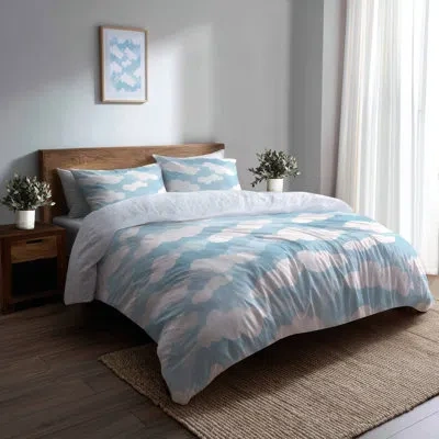Design Art Boho Bedding Set 4 Pcs - White Cloud Chevron Bed Comforter Set In Blue;white