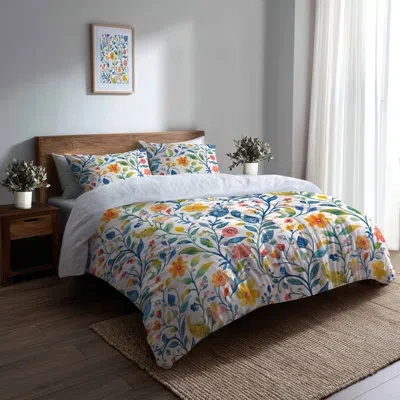 Design Art Boho Bedding Set Of 3 - Blue Colorful Summer Paisley Gardens Duvet Cover And Throw Pillow Set In Blue;yellow