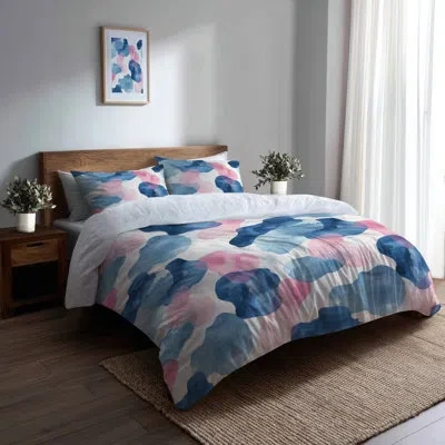 Design Art Boho Bedding Set Of 4 - Abstract Blue And Pink Soft Cloud Bed Comforter Set In Blue;pink