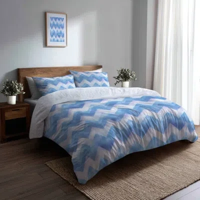 Design Art Boho Bedding Set Of 4 Pcs - Contemporary Boho Blue And White Cloud Chevron Bed Comforter Set In Blue;white