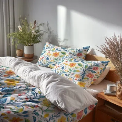 Design Art Boho Bedding Set Of 6 - Blue Colorful Summer Paisley Gardens With Shams And Throw Pillows In Blue;yellow