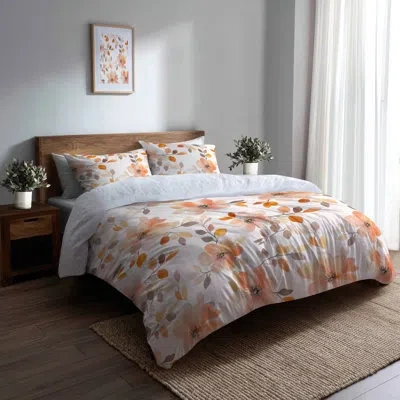 Design Art Boho Bedding Set Of 6 - Floral Orange And White Cherry Blossoms Comforter Bedding Set In White;orange