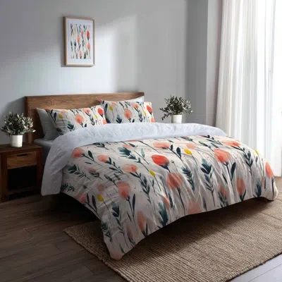 Design Art Boho Bedding Set - Red Meadow Ikat Duvet Cover And Throw Cushion Set In Green;red