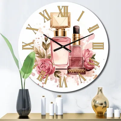 Design Art Boho Chic Cosmetics Elegant Make-up Ii Metal Wall Clock In White;pink;gold