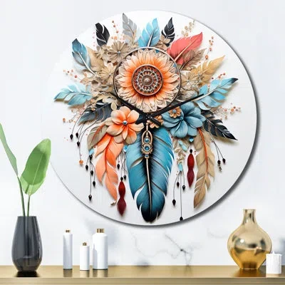 Design Art Boho Flowers And Feathers Wall Clock In Blue;beige;orange