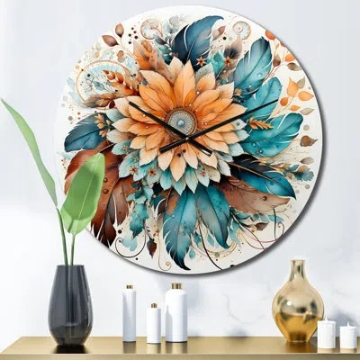 Design Art Boho Flowers Bouquet In Blue And Amber Orange I Wall Clock In Brown
