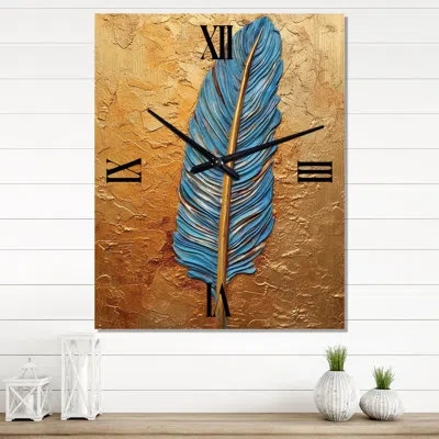 Design Art Boho Glam Exquisite Blue Feather On Gold I - Feathers Modern Wall Clock In Blue;gold