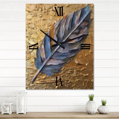 Design Art Boho Glam Exquisite Blue Feather On Gold Painting - Feathers Modern Wall Clock In Blue;gold