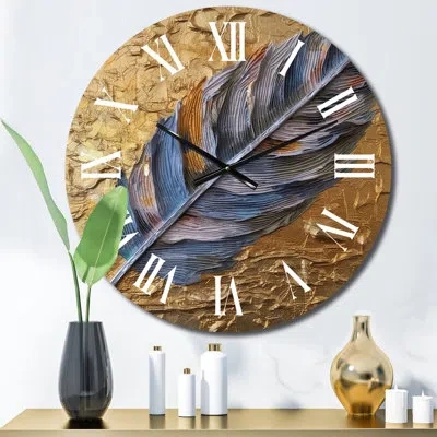 Design Art Boho Glam Exquisite Blue Feather On Gold Painting Metal Wall Clock