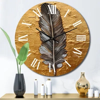 Design Art Boho Glam Exquisite Gold Feather Painting Metal Wall Clock In Black