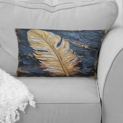 Design Art Boho Glam Exquisite Gold On Blue Feather Iii - Feathers Printed Throw Pillow