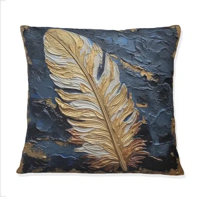 Design Art Boho Glam Exquisite Gold On Blue Feather Iii - Feathers Printed Throw Pillow