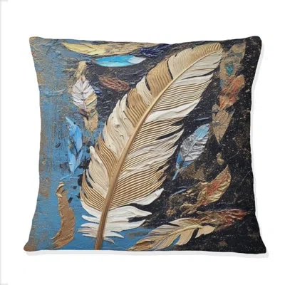 Design Art Boho Glam Exquisite Gold On Blue Feather Painting - Feathers Printed Throw Pillow
