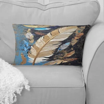 Design Art Boho Glam Exquisite Gold On Blue Feather Painting - Feathers Printed Throw Pillow
