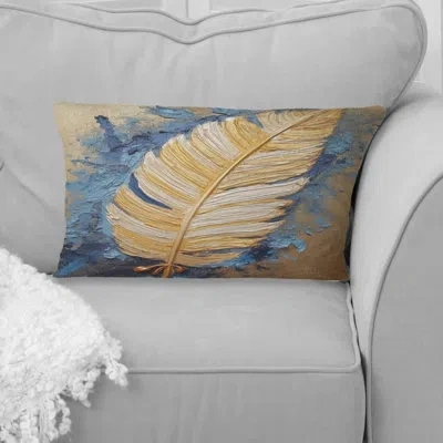 Design Art Boho Glam Exquisite Gold On Blue Feather Painting - Feathers Printed Throw Pillow