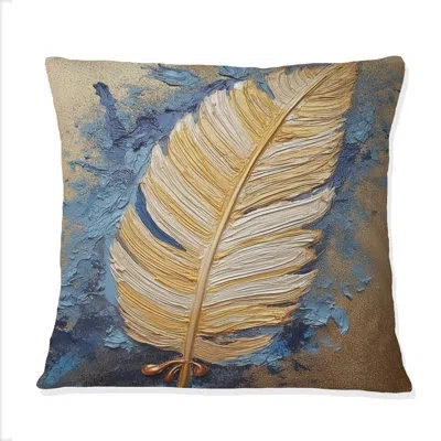 Design Art Boho Glam Exquisite Gold On Blue Feather Painting - Feathers Printed Throw Pillow