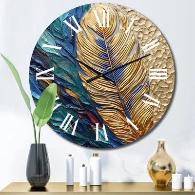Design Art Boho Glam Exquisite Gold On Blue Feather Paintingv Wall Clock In Blue;gold