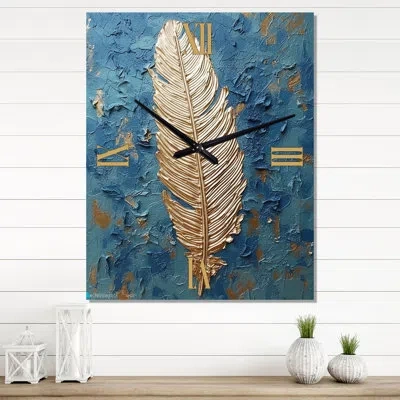 Design Art Boho Glam Exquisite Gold On Feather I - Feathers Modern Wall Clock