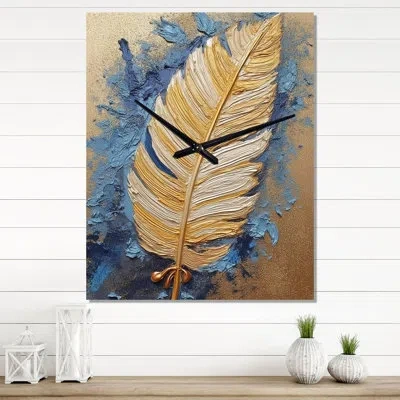 Design Art Boho Glam Exquisite Gold On Feather Ii - Feathers Wall Clock Oversized