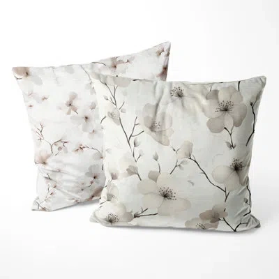 Design Art Boho Throw Cushion - Cherry Blossoms Trees Floral Decorative Cushion In Ivory