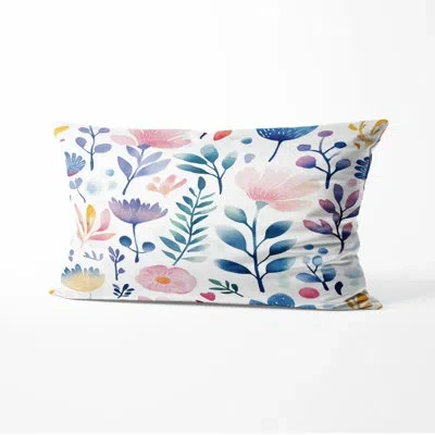 Design Art Boho Throw Pillow - Blue Botanical Garden Printed Cushion In Blue;pink