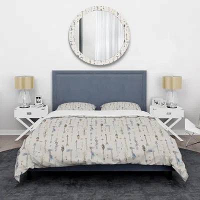 Design Art Boho Tribal Feathers And Spears - Bohemian Duvet Cover Set - Microfiber Polyester In Blue;white;beige