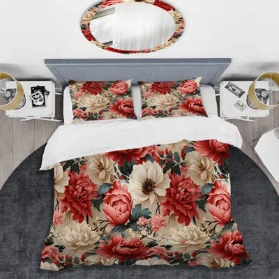 Design Art Boho Victorian Romance Victorian Pattern Xiv Duvet Cover Set In Red;beige