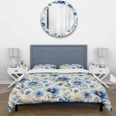 Design Art Boho White Blue Hibiscus Flowers Ii - Floral Duvet Cover Set - Microfiber Polyester In Blue;beige