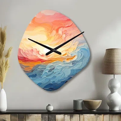 Design Art Bold Pastel Sunset I - Unique Shape Sunset Metal Wall Clock, Freeform Wall Clock Print In Multi-color